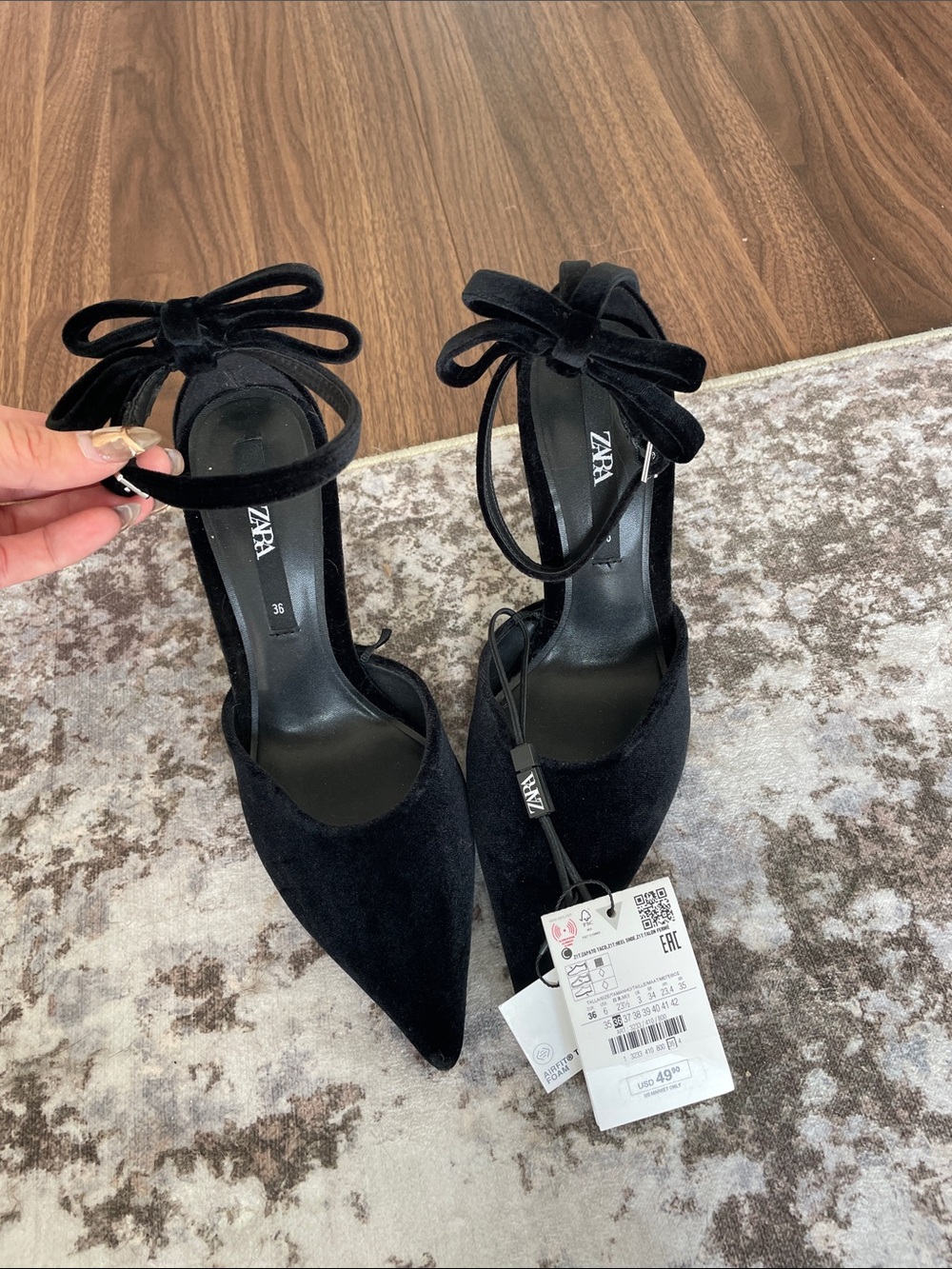 Zara Black Velvet Pointed-Toe Ankle Tie Heels